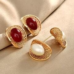 Trendy Retro Court Style Stud Earrings Red Oval Pearl Hollow-out Earrings Fashionable Personality Elegant Women's Ear Jewelry