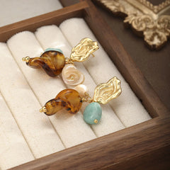 Fashion Conch Shell Amazonite Stone Copper 18K Gold Drop Earrings for Girls Vintage Luxury Jewelry for Women Ladies Wholesale
