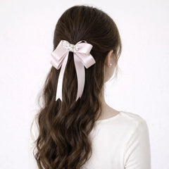 Korean Princess Satin Ribbon Bow Hairpin with Imitation Pearl High-end Hair Clips for Women Sweet Elegant Hair Accessories Bulk