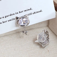 Girly Aesthetic Cat Fish Animals Element Rhinestone Small Clip-on Earring Fashion Sparking Glitter Cute Wholesale Daily Jewelry