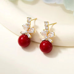 Fashion Simple Bowknot Cherry Red Glitter Drop Earrings for Girls Elegant Dainty Glamorous Jewelry for Women Ladies Accessories
