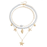 Fashion Imitation Pearl Ocean Star Layered Wearing Necklaces for Girls Sweet Elegant Dainty Jewelry for Women Ladies Accessories