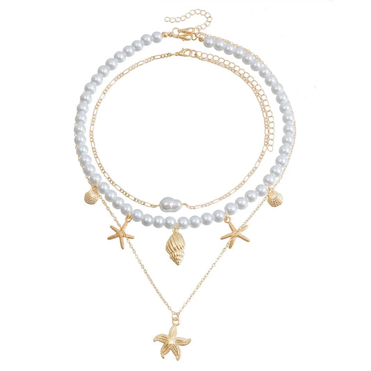 Fashion Imitation Pearl Ocean Star Layered Wearing Necklaces for Girls Sweet Elegant Dainty Jewelry for Women Ladies Accessories