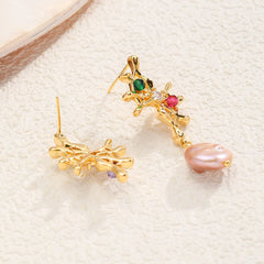 Fashion Flower Leafs Freshwater Pearl Drop Earrings for Girls Glitter Jewelry for Women Ladies Wholesale China Manufacturer