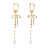 Fashion Bowknot Imitation Pearl Glitter Drop Earrings for Girls Sweet Elegant Glamorous Jewelry for Women Ladies Accessories