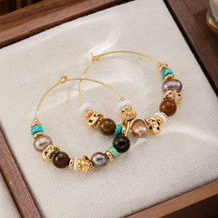 Fashion Tiger Eye Stone Turquoise Freshwater Pearl Shell Hoop Earrings for Girls 18K Gold Jewelry for Women Ladies Wholesale