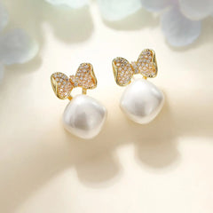 Fashion Bowknot Imitation Pearl Elegant Drop Earrings for Girls Sweet Dainty Charms Jewellry for Women Ladies Accessories Chic