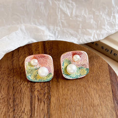 Women Flower Drip Glaze Hand-Painted Freshwater Pearl 18k Gold-plated S925 Silver Stud Earring Low MOQ in Stock Daily Jewelry