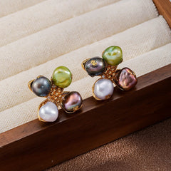 Women Green Brown Square Shape Freshwater Pearl S925 Silver 18k Gold-plated Stud Earring Fashion Vintage in Stock Daily Jewelry