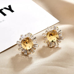 14K Gold Plated Ear Studs Rhinestone Glitter Zircon Inlaid Sunflower Earrings Light Luxury High-end Fashion Exquisite Earrings