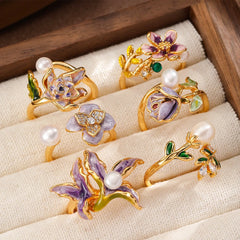 Fashion Luxury Dainty Copper Freshwater Pearl 18K Gold Rings for Girls Hand-Painted Drip Glaze Jewelry for Women Lady Wholesale