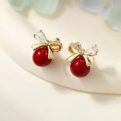 Fashion Trendy Bowknot Fruits Cherry Stud Earrings for Girls Sweet Cute Charms Glamorous Jewelry for Women Ladies Accessories