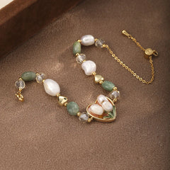 Fashion Freshwater Pearl Green Agate Glass Crystal Bracelets for Girls Vintage Heart Shaped Jewelry for Women Ladies Wholesale