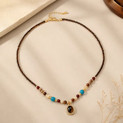 Women Tiger Eye Stone Red Agate Shell Natural Stone 18k Gold-plated Necklace S925 Silver Stud Earring Retro Fashion Jewelry Sets