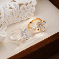 Fashion Freshwater Pearl Cubic Zirconia Flowers White K Plated Rings for Girls Sweet Jewelry for Women Ladies Wholesale Simple