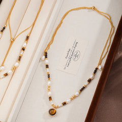 Female Fashion Freshwater Pearl 18k Gold-plated Zircon Tiger Eye Stone Necklace Low MOQ Brown Jewelry for Women Causal Daily