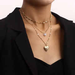 European American Cross-border Jewelry Elegant Multi-layer Love Chain Peach Heart Pendant Necklace Women's Accessories Wholesale