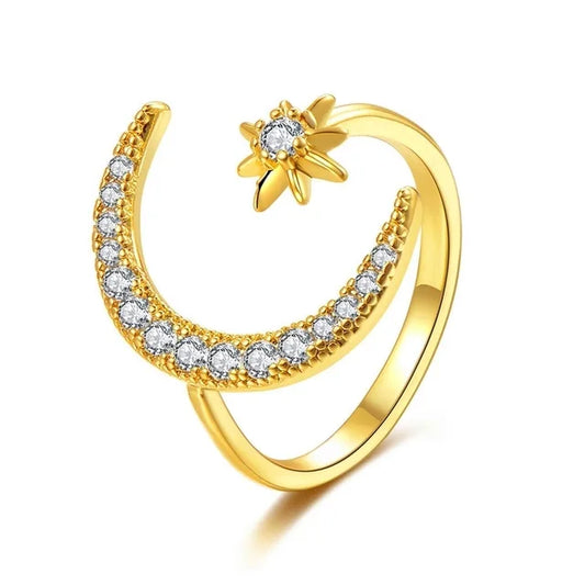 Hot Sale Elegant Dainty Moon and Star Open Rings Women Adjustable Cubic Zirconia Celestial Design Fashion Jewelry Gift Wholesale