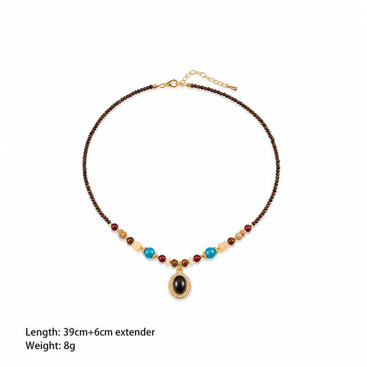Women Tiger Eye Stone Red Agate Shell Natural Stone 18k Gold-plated Necklace S925 Silver Stud Earring Retro Fashion Jewelry Sets