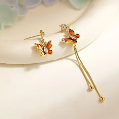 Fashion Glitter Amber Butterfly Elegant Tassel Drop Earrings for Girls Elegant Glamorous Jewelry for Women Ladies Accessories