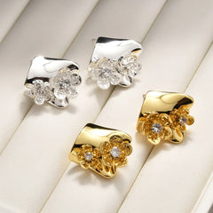 Fashion Elegant Earrings Irregular Geometric Pleated Square Stud Earrings with Zircon Flower Earrings European and American Bulk
