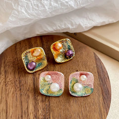Women Flower Drip Glaze Hand-Painted Freshwater Pearl 18k Gold-plated S925 Silver Stud Earring Low MOQ in Stock Daily Jewelry
