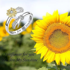 Best Seller Adjustable Sunflower-rotating Silver Ring with Zircon Simple Forest-style Double-hand Embrace Rings Women Jewelry