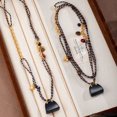 Unisex Blue Turquoise Tiger Eye Stone Braided Rope Black Bag Pendant Necklace 18k Gold-plated S925 Silver in Stock Daily Jewelry