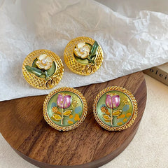 Women Vintage Flower S925 Silver 18k Gold-plated Copper Stud Earring Factory Price Trendy Hand-Painted Drip Glaze Jewelry