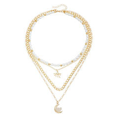 Fashion Glitter Moon Layered Wearing Necklaces for Girls Trendy Luxury Charms Jewelry for Women Ladies Accessories Wholesale