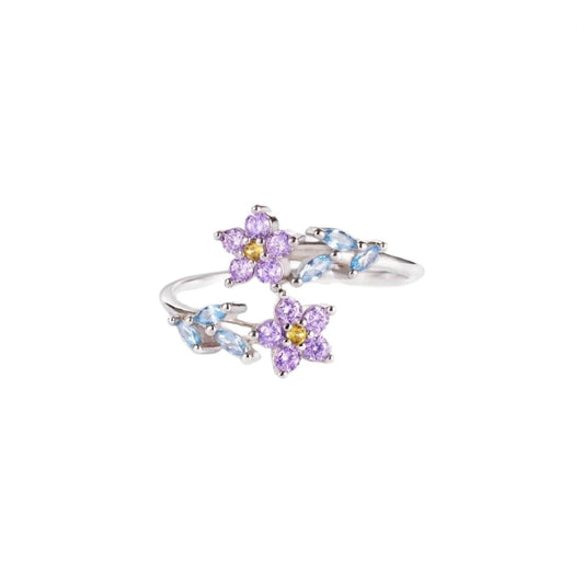 Women's Silver Adjustable Flower Open Ring Purple and Blue Crystal Floral Design Elegant Romantic Fashion Jewelry Gift Wholesale