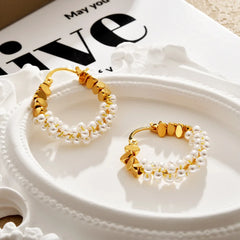 Exquisite Earrings Gold-wrapped Imitation Pearl Simple Hoop Earrings Luxury High-end Elegant Korea Style Ear Jewelry Wholesale