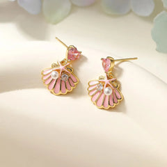 Fashion Pink Shell Imitation Pearl Sweet Princess Style Drop Earrings for Girls Ocean Jewelry for Women Ladies Accessories
