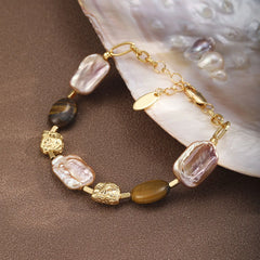 Fashion Baroque Pearl Tiger Eye Stone Copper 18K Gold Plated Bracelets for Girls Jewelry for Women Ladies Wholesale Bulk