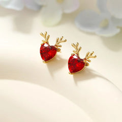 Women Red Deer Ear Heart Mini Small Stud Earring Fashion Glitter High Quality Simple Cute Jewelry Accessories for Ladies Causal