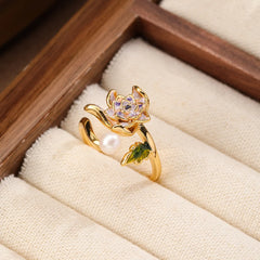 Fashion Luxury Dainty Copper Freshwater Pearl 18K Gold Rings for Girls Hand-Painted Drip Glaze Jewelry for Women Lady Wholesale
