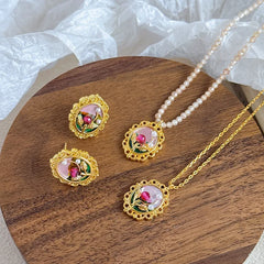 Female Flower 0.2cm Natural Stone Chain bar 18k Gold-plated Drip Glaze Hand-Painted Necklace Earring in Stock Jewelry for Daily
