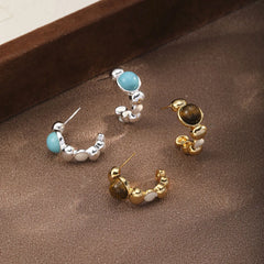 Fashion Tiger Eye Stone Turquoise Copper Hoop Earrings for Girls Simple Trendy Jewelry for Women Ladies Wholesale China Factory