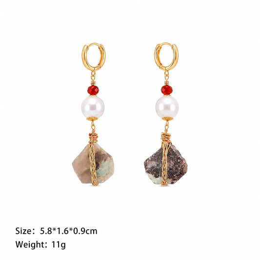 Women Red Agate Baroque Pearl Diamond Shaped Cut Orchid Bead Hoop Earring Fashion Charms in Stock Jewelry for Female Daily Use