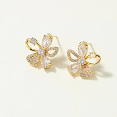 Elegant Trendy Flower Bowknot Stud Earrings with Crystal Rhinestone Gold Plated Women's Jewelry Chinese Supplier Wholesale