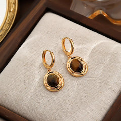 Female Brown Tiger Eye Stone 18k Gold-plated Hoop Earring Fashion Elegant Vintage in Stock Factory Price Jewelry for Women Daily