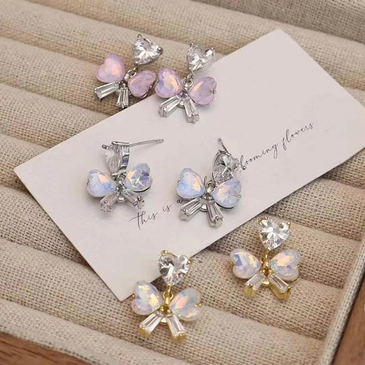 Fashion Luxury Bowknot Glitter Rhinestone Drop Earrings for Girls Sweet Princess Style Jewelry for Women Ladies Accessories