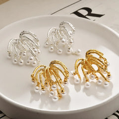 French Retro Brilliant Fireworks Pearl Tassels Stud Earrings Light Luxury Niche Design Fashion Ear Jewelry for Women Wholesale