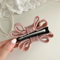 Women's Knit Bowknot Banana Clips Pink Sweet Cute Hair Clips for Girl Japanese Casual Barrette Winter Hair Accessory Wholesale