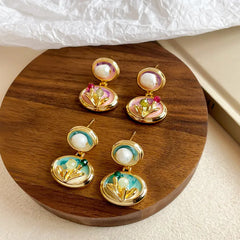 Female Freshwater Pearl S925 Silver 18k Gold-plated Hand-Drawn Artistic Painted Drip Glaze Earring in Stock Jewelry for Causal