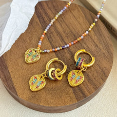 Female Heart Shape Natural Stone Beads Enamel Necklace Earring Fashion Vintage Low MOQ Jewelry Sets for Women Daily Causal