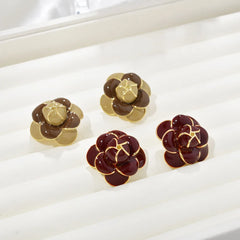 Burgundy Flower Copper Stud Earrings Women's Retro Dripping Oil Style Elegant Earrings Autumn and Winter Fashion Ear Jeweley