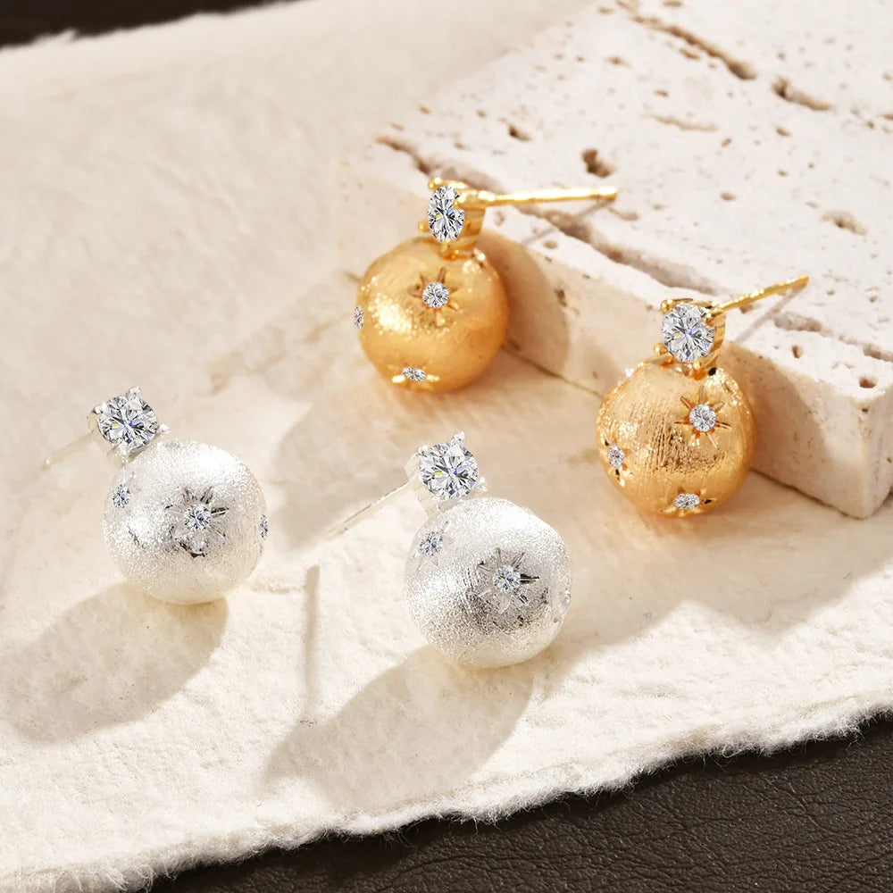 French Style Stud Earrings Golden Ball Glitter Zircon Drawing Earrings Middle Ages Vintage Elegant Unique Design Women Earrings