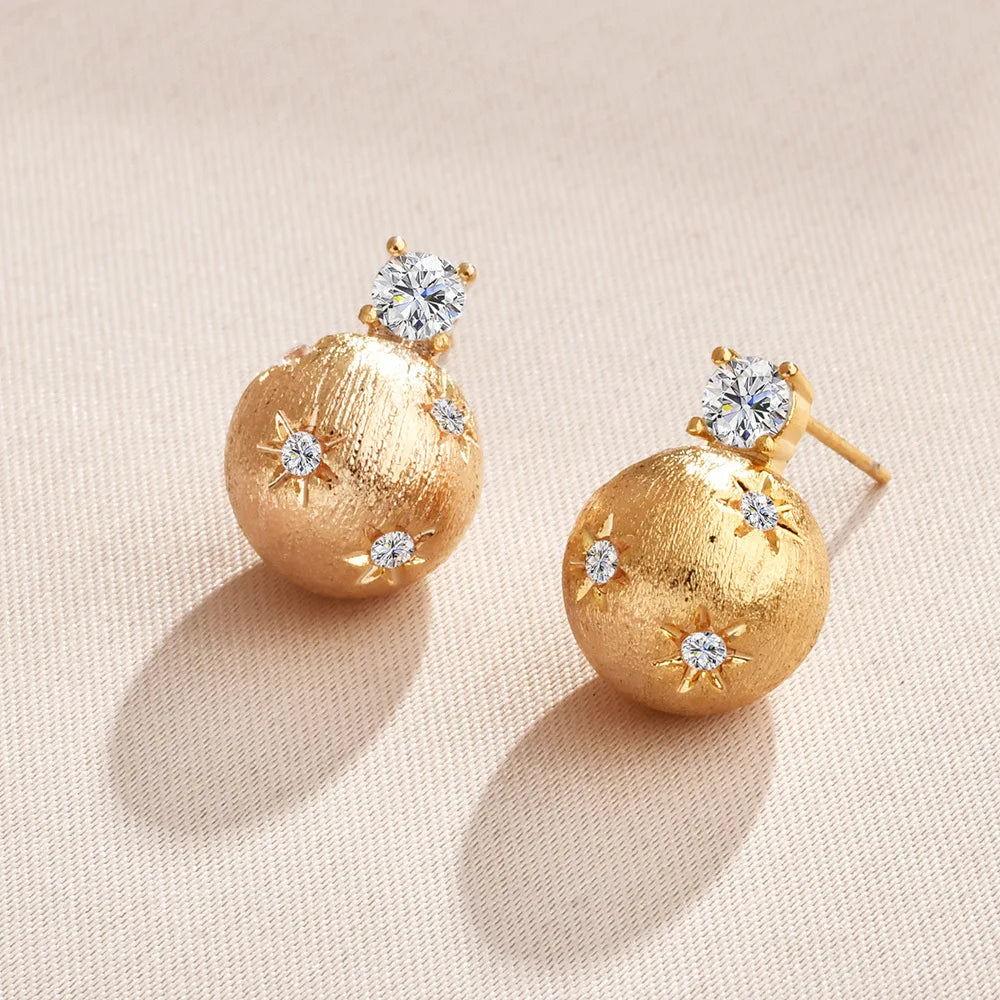 French Style Stud Earrings Golden Ball Glitter Zircon Drawing Earrings Middle Ages Vintage Elegant Unique Design Women Earrings