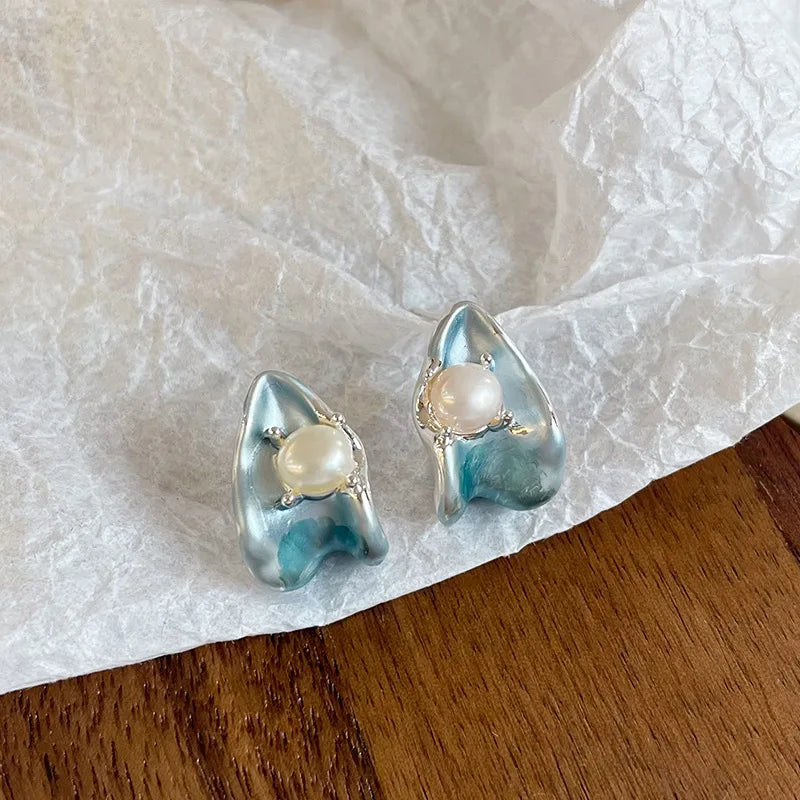 Women S925 Silver 18k Gold-plated Freshwater Pearl Blue Purple Hand-Painted Graffiti Drip Glaze Stud Earring for Female Daily